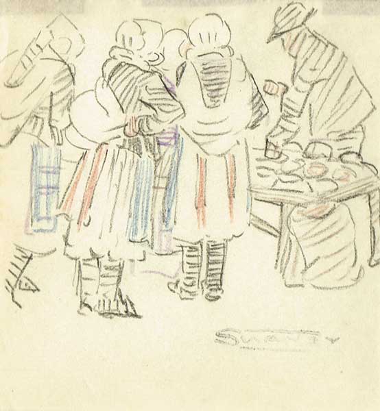SHAWLED WOMAN BUYING FROM A MARKET STALL by Mary Swanzy HRHA (1882-1978) at Whyte's Auctions
