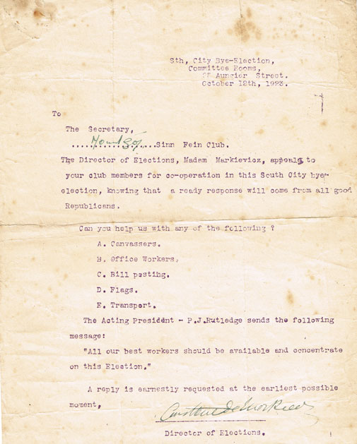 1923 (October 12) Countess Markievicz Dublin South bye-election letter
 at Whyte's Auctions