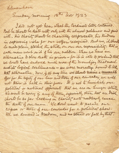 1923 (18 November) Kilmainham Jail Civil War hunger strike letter at Whyte's Auctions