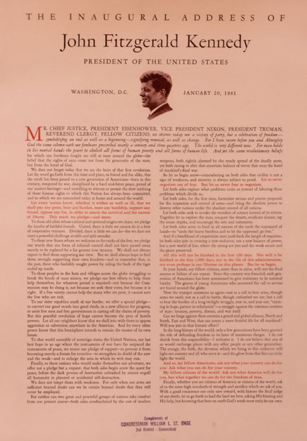 1960-61: John F. Kennedy letter and inauguration address broadsheet at Whyte's Auctions