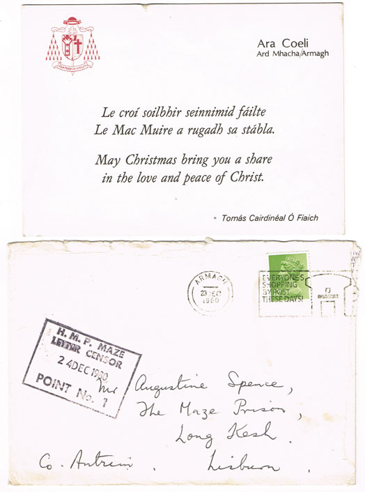 1980-1982: Cardinal Toms  Fiaich cards to Gusty Spence with Maze censor stamps at Whyte's Auctions