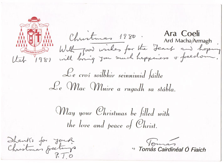 1980 (December) Card from Cardinal  Fiaich to Spence after the disclosure of their meetings and correspondence at Whyte's Auctions