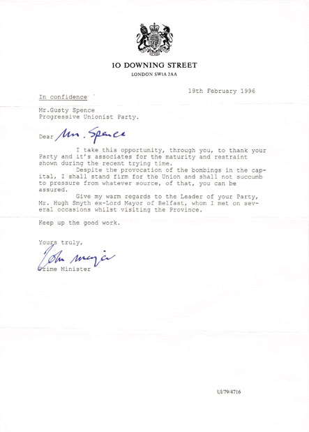1996 (19 February) John Major letter to Gusty Spence written ten days after Canary Wharf bombing "...I shall stand firm for the Union" at Whyte's Auctions