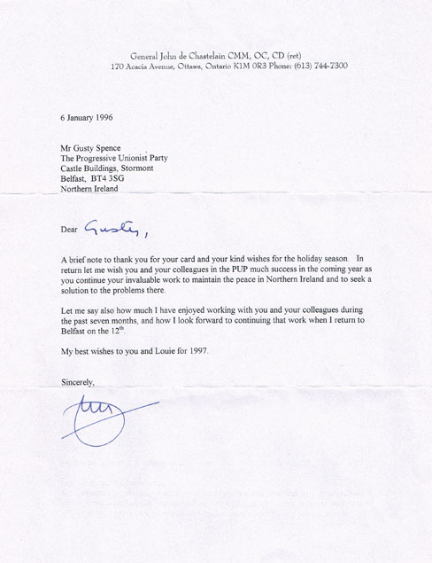 1996 (6 January) General John de Chastelain letter to Gusty Spence at Whyte's Auctions