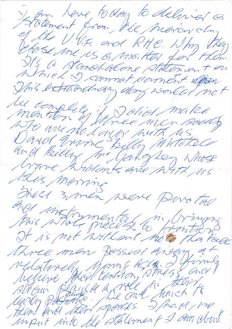 2007 (3 May) Gusty Spence manuscript speech delivered on the announcement of the official end of the UVF and RHC armed campaign at Whyte's Auctions