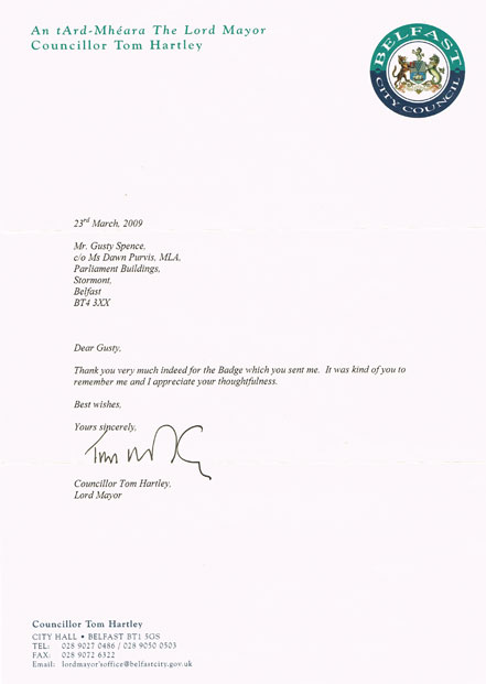 2009 (23 March) Tom Hartley, Sinn Fin Lord Mayor of Belfast, letter to Gusty Spence at Whyte's Auctions