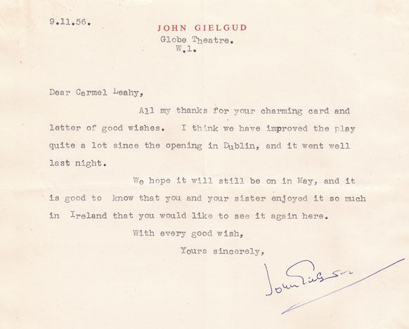 John Gielgud signed letters, photographs and programmes collection at Whyte's Auctions