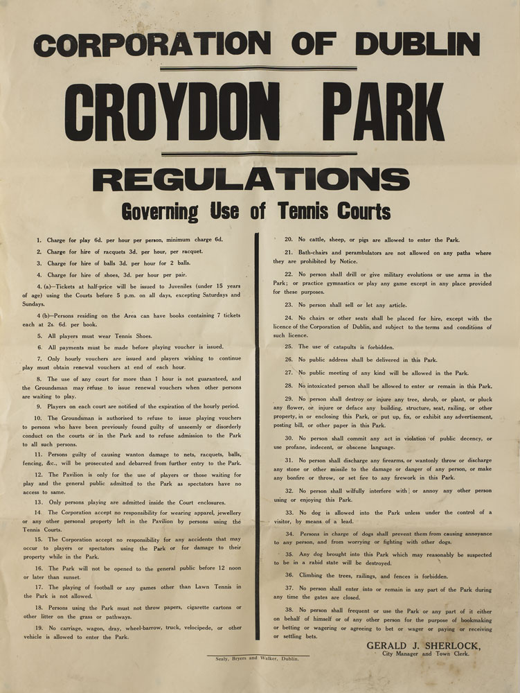 Tennis: circa 1900 Croydon Park Dublin tennis courts rules poster at Whyte's Auctions