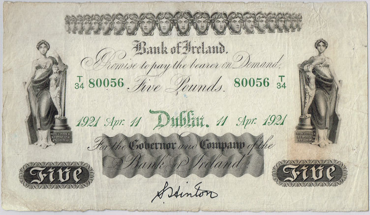 Bank of Ireland Five Pounds, Dublin 11-Apr-1921 at Whyte's Auctions