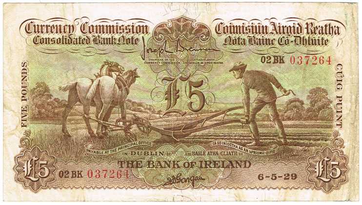 Currency Commission Consolidated Banknote 'Ploughman' Bank of Ireland Five Pounds, 6-5-29 at Whyte's Auctions