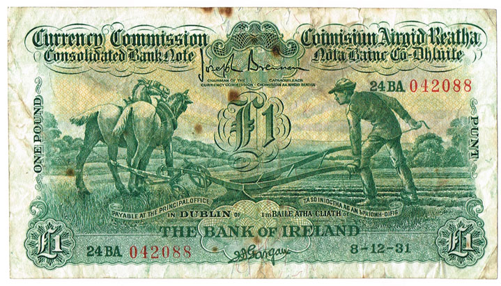 Currency Commission Consolidated Banknote 'Ploughman' Bank of Ireland One Pound, 8-12-31 at Whyte's Auctions
