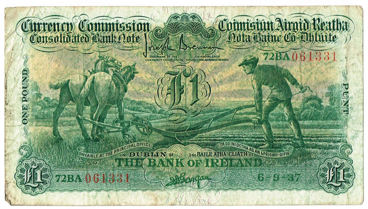 Currency Commission Consolidated Banknote 'Ploughman' Bank of Ireland One Pound, 6-9-37 at Whyte's Auctions