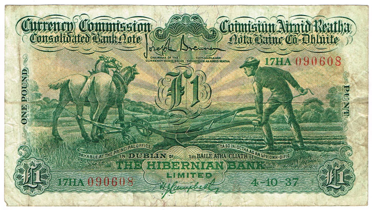 Currency Commission Consolidated Banknote 'Ploughman' Hibernian Bank One Pound, 4-10-37 at Whyte's Auctions