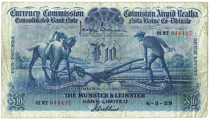 Currency Commission Consolidated Banknote 'Ploughman' Munster & Leinster Bank Ten Pounds, 6-5-29 at Whyte's Auctions