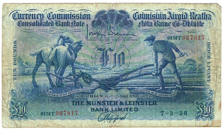Currency Commission Consolidated Banknote 'Ploughman' Munster & Leinster Bank Ten Pounds, 7-3-38 at Whyte's Auctions