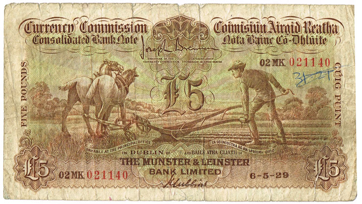 Currency Commission Consolidated Banknote 'Ploughman' Munster & Leinster Bank Five Pounds, 6-5-29 at Whyte's Auctions