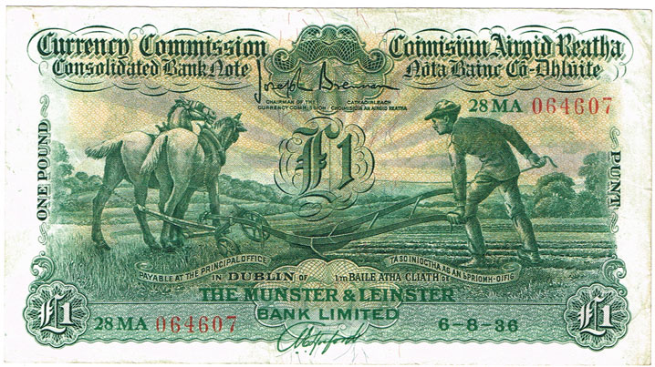 Currency Commission Consolidated Banknote 'Ploughman' Munster & Leinster Bank One Pound 6-8-36 at Whyte's Auctions