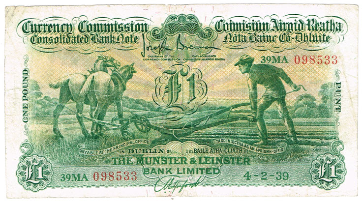 Currency Commission Consolidated Banknote 'Ploughman' Munster & Leinster Bank One Pound, 4-2-39. at Whyte's Auctions