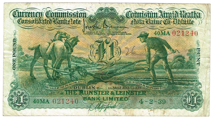 Currency Commission Consolidated Banknote 'Ploughman' Munster & Leinster Bank One Pound, 4-2-39 at Whyte's Auctions