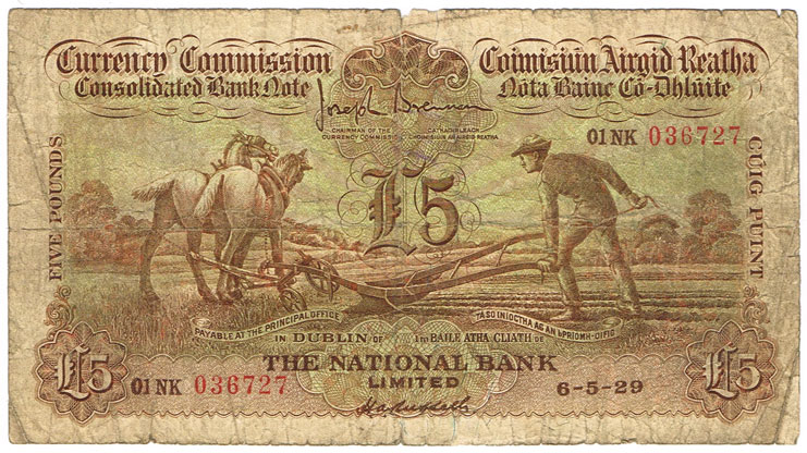 Currency Commission Consolidated Banknote 'Ploughman' National Bank of Ireland Five Pounds, 6-5-29. at Whyte's Auctions
