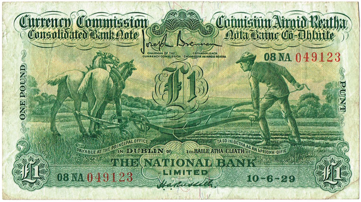 Currency Commission Consolidated Banknote 'Ploughman' National Bank One Pound, 10-6-29 at Whyte's Auctions