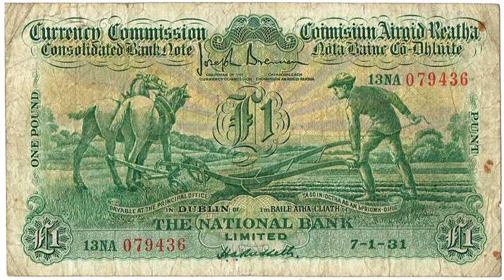 Currency Commission Consolidated Banknote 'Ploughman' National Bank One Pound, 7-1-31 at Whyte's Auctions