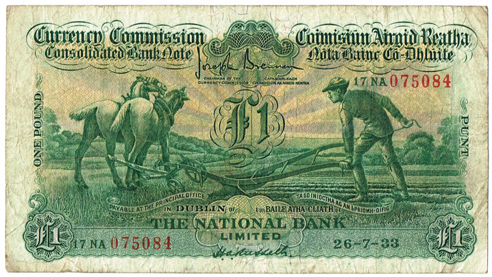 Currency Commission Consolidated Banknote 'Ploughman' National Bank One Pound, 26-7-33. at Whyte's Auctions