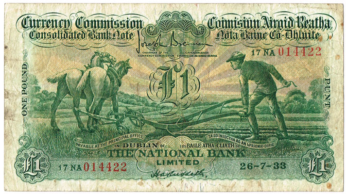 Currency Commission Consolidated Banknote 'Ploughman' National Bank One Pound, 26-7-33 at Whyte's Auctions