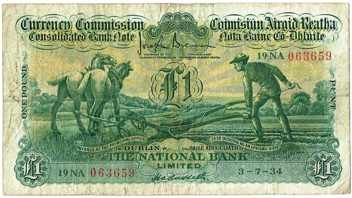 Currency Commission Consolidated Banknote 'Ploughman' National Bank One Pound, 3-7-34 at Whyte's Auctions