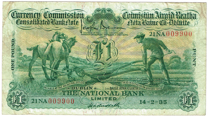Currency Commission Consolidated Banknote 'Ploughman' National Bank One Pound, 14-2-35 at Whyte's Auctions