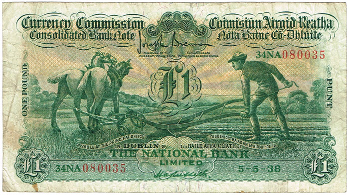 Currency Commission Consolidated Banknote 'Ploughman' National Bank One Pound, 5-5-38 at Whyte's Auctions