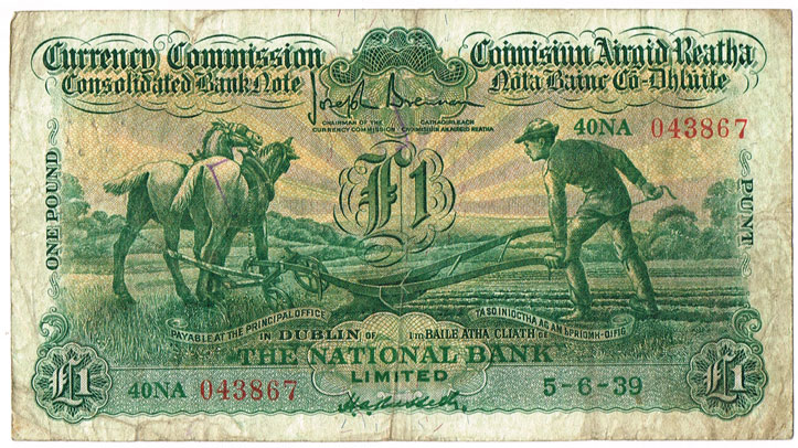 Currency Commission Consolidated Banknote 'Ploughman' National Bank One Pound, 5-6-39 at Whyte's Auctions