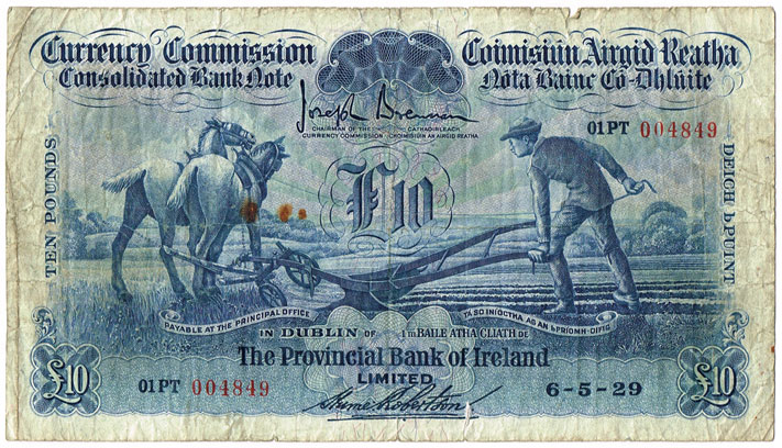 Currency Commission Consolidated Banknote 'Ploughman' Provincial Bank of Ireland Ten Pounds, 6-5-29 at Whyte's Auctions