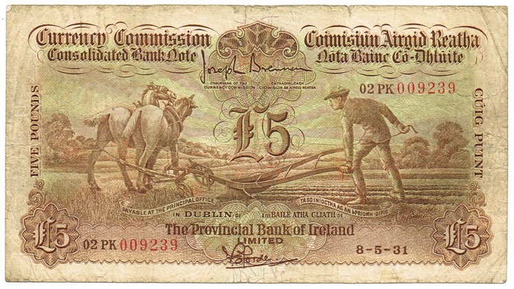 Currency Commission Consolidated Banknote 'Ploughman' Provincial Bank of Ireland Five Pounds, 9-5-31 at Whyte's Auctions