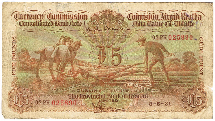 Currency Commission Consolidated Banknote 'Ploughman' Provincial Bank of Ireland Five Pounds, 8-5-31. at Whyte's Auctions