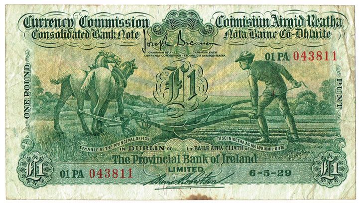Currency Commission Consolidated Banknote 'Ploughman' Provincial Bank of Ireland One Pound, 6-5-29 at Whyte's Auctions