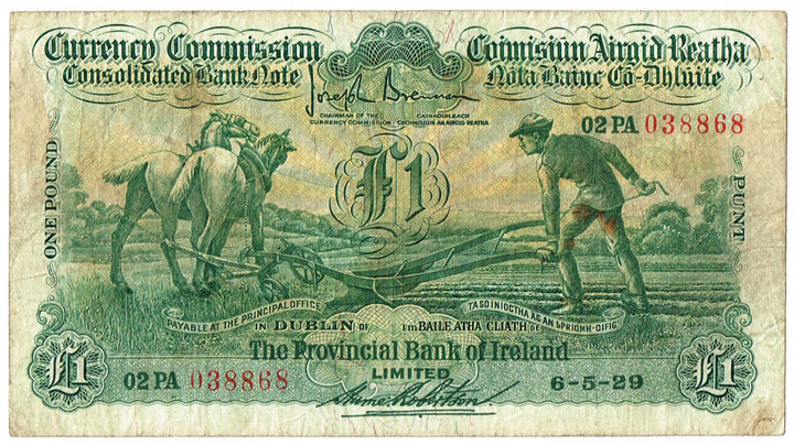 Currency Commission Consolidated Banknote 'Ploughman' Provincial Bank of Ireland One Pound, 6-5-29 at Whyte's Auctions
