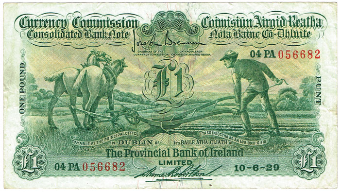Currency Commission Consolidated Banknote 'Ploughman' Provincial Bank of Ireland, One Pound, 10-6-29 at Whyte's Auctions