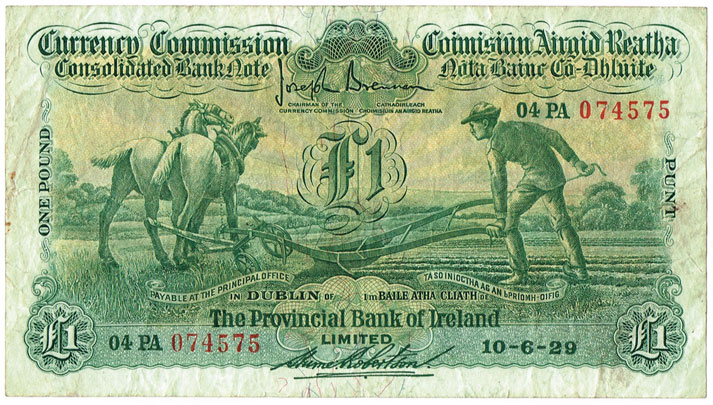 Currency Commission Consolidated Banknote 'Ploughman' Provincial Bank of Ireland One Pound, 10-6-29 at Whyte's Auctions