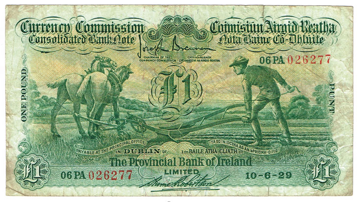 Currency Commission Consolidated Banknote 'Ploughman' Provincial Bank of Ireland One Pound, 10-6-29 at Whyte's Auctions