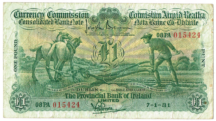 Currency Commission Consolidated Banknote 'Ploughman' Provincial Bank of Ireland One Pound, 7-1-31 at Whyte's Auctions