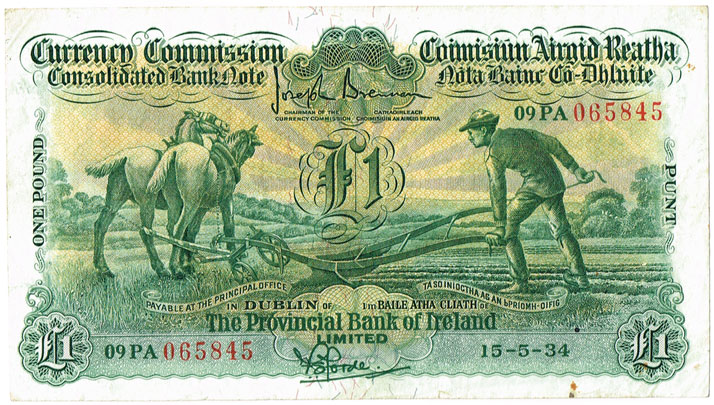 Currency Commission Consolidated Banknote 'Ploughman' Provincial Bank of Ireland One Pound, 15-5-34 at Whyte's Auctions