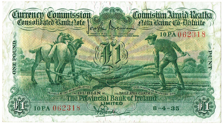 Currency Commission Consolidated Banknote 'Ploughman' Provincial Bank of Ireland One Pound, 8-4-35 at Whyte's Auctions
