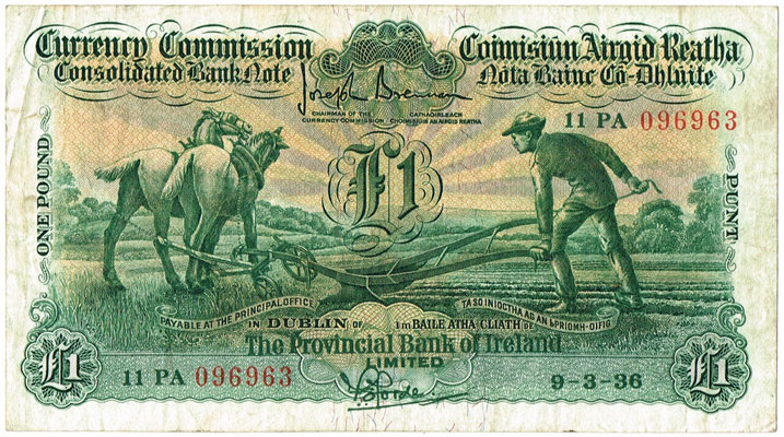 Currency Commission Consolidated Banknote 'Ploughman' Provincial Bank of Ireland One Pound, 9-3-36. at Whyte's Auctions