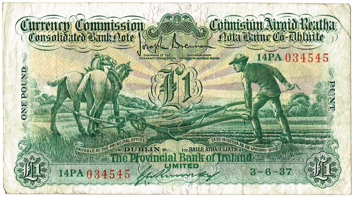 Currency Commission Consolidated Banknote 'Ploughman' Provincial Bank of Ireland, 3-6-37 at Whyte's Auctions