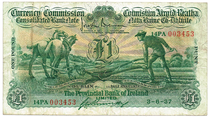 Currency Commission Consolidated Banknote 'Ploughman' Provincial Bank of Ireland One Pound, 3-6-37 at Whyte's Auctions
