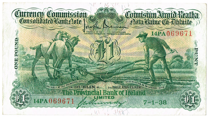 Currency Commission Consolidated Banknote 'Ploughman' Provincial Bank of Ireland One Pound, 7-1-38 at Whyte's Auctions