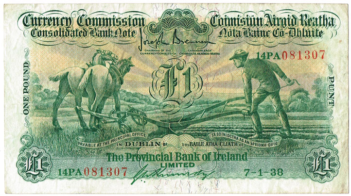 Currency Commission Consolidated Banknote 'Ploughman' Provincial Bank of Ireland One Pound, 7-1-38 at Whyte's Auctions