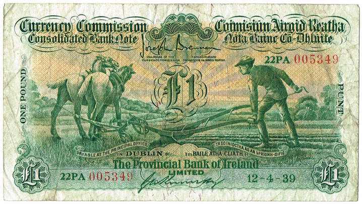 Currency Commission Consolidated Banknote 'Ploughman' Provincial Bank of Ireland One Pound, 12-4-39 at Whyte's Auctions