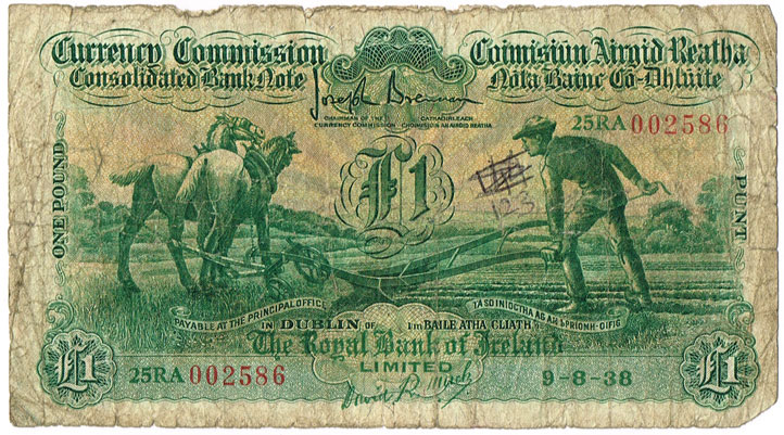 Currency Commission Consolidated Banknote 'Ploughman' Royal Bank of Ireland One Pound, 9-8-38 at Whyte's Auctions